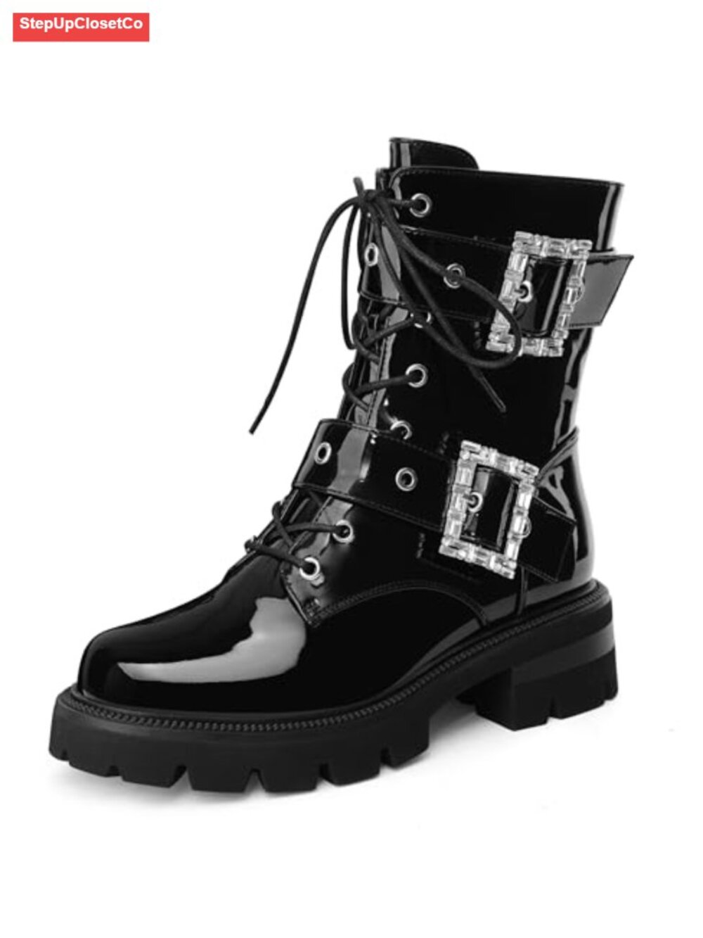 Patent Leather Platform Combat Boots Women Ankle Booties Lug Sole